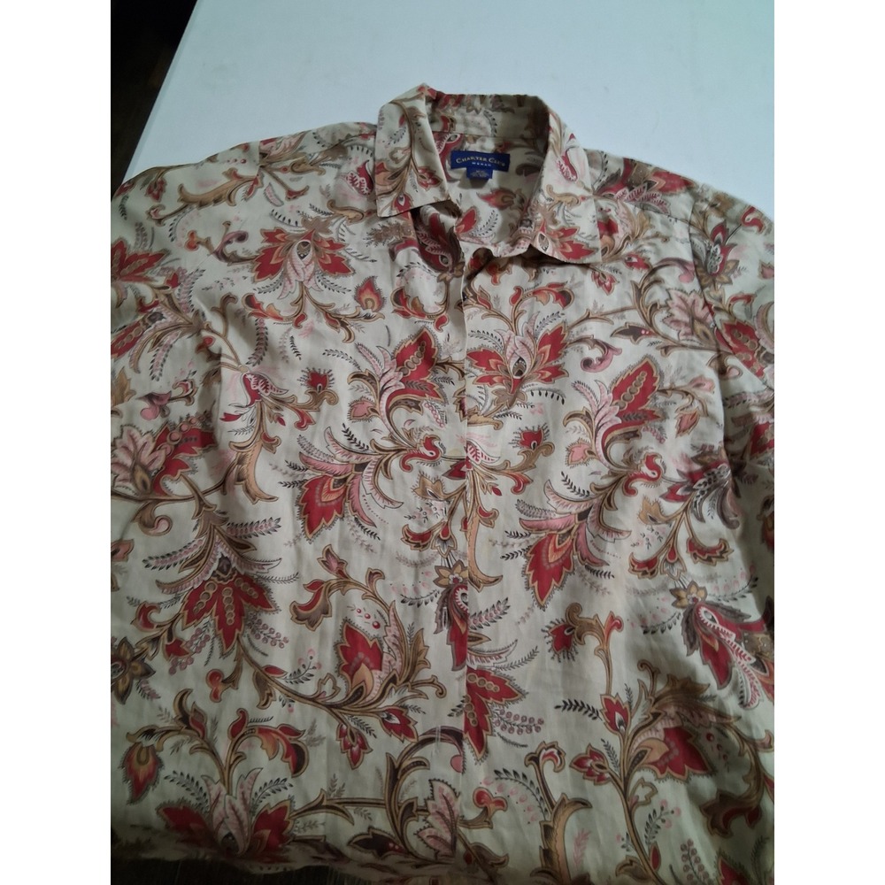 Charter Club Woman 16W Linen Shirt Floral Paisley Short Sleeve Button Up Beige